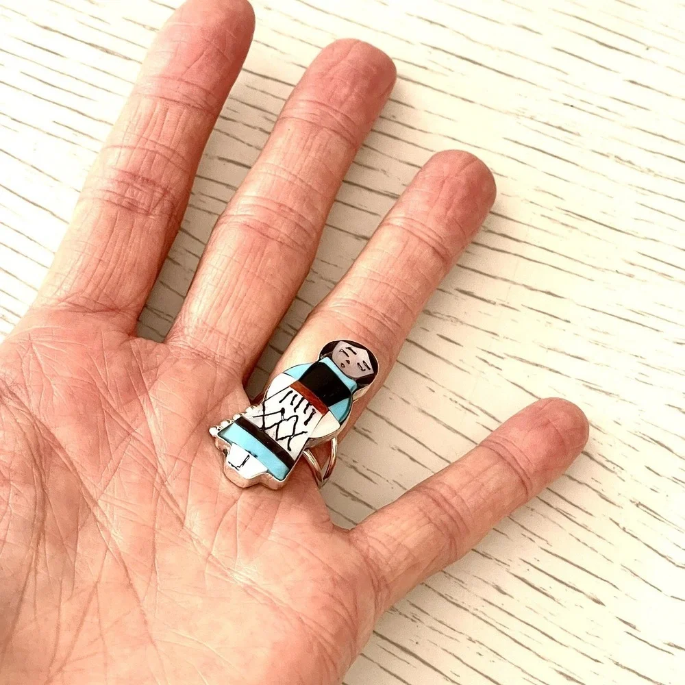 Zuni Indian Maiden‎ Ring Sz 6.5 Turquoise Inlay Signed Joyce Waseta Woman Dress